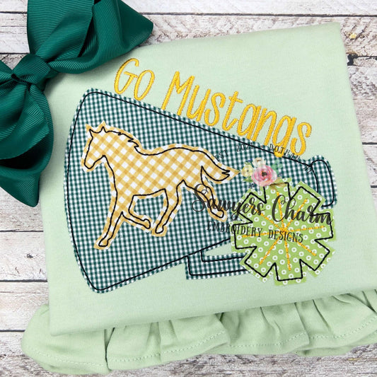 Megaphone & pompom horse mascot silhouette, bean stitch applique, machine embroidery design, college, high school sports, university, cheer