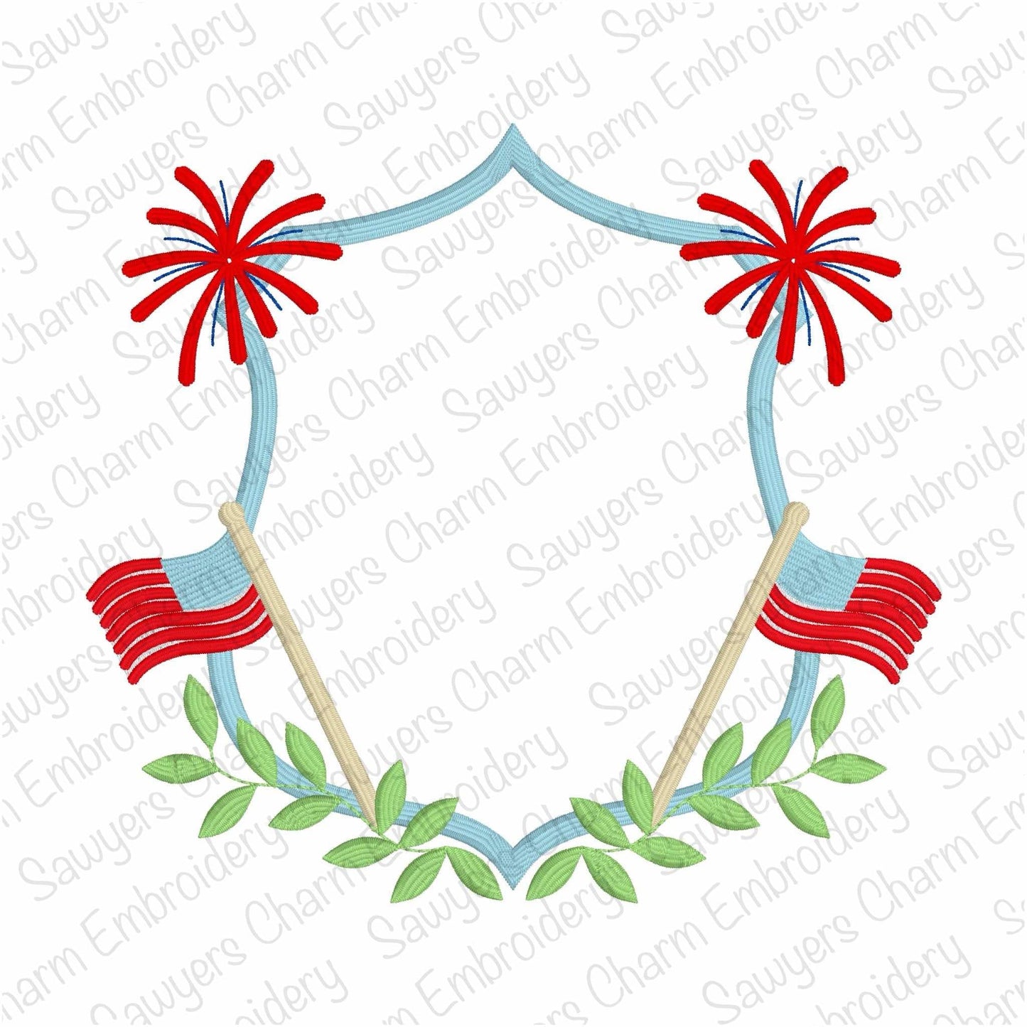 Patriotic crest monogram frame with fireworks, machine embroidery design, 4th of July, American flags