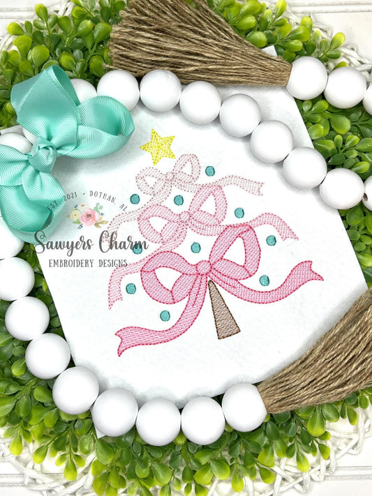 Coquette Bows Christmas tree with ornaments sketch stitch, machine embroidery design file, quick stitch, happy holidays, star