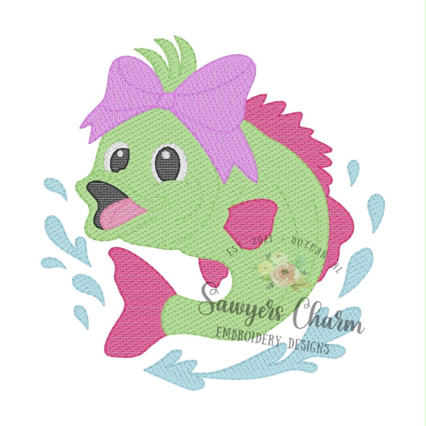 Bass fish sketch stitch embroidery design, coquette bow, summer fishing, lots of sizes included