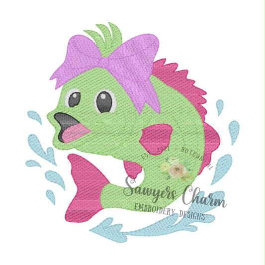 Bass fish sketch stitch embroidery design, coquette bow, summer fishing, lots of sizes included