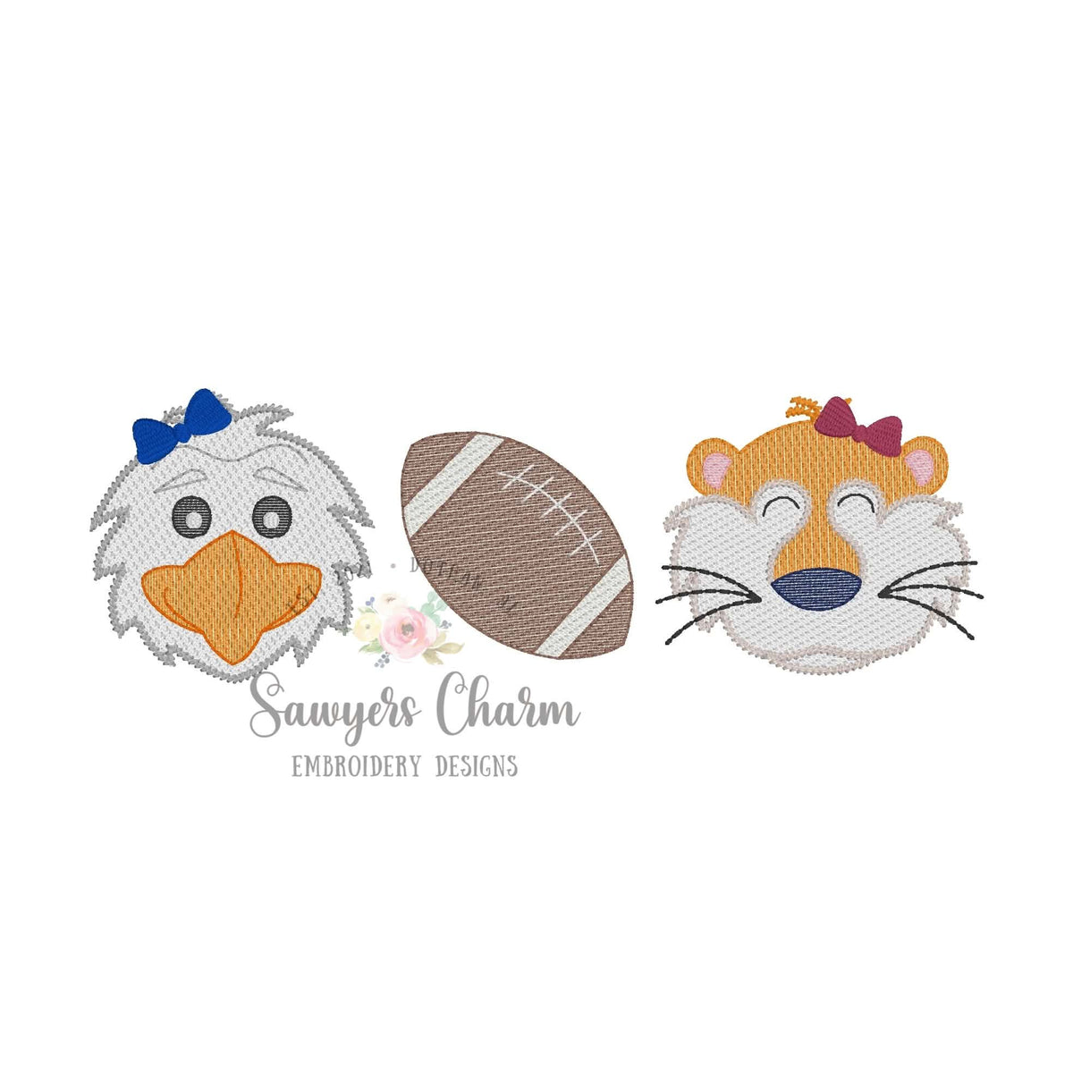 Eagle, football, and tiger trio, sketch stitch embroidery design BUNDLE, with/without bow, house divided mascots