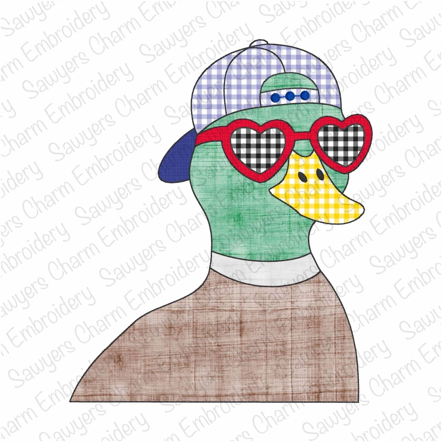 BUNDLE Valentine's Day Mallard duck with ball cap/hat and heart sunglasses bean & zig zag stitch machine applique embroidery design
