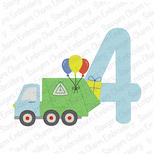 Garbage truck with number FOUR & birthday balloons sketch stitch machine embroidery design, construction trash vehicle