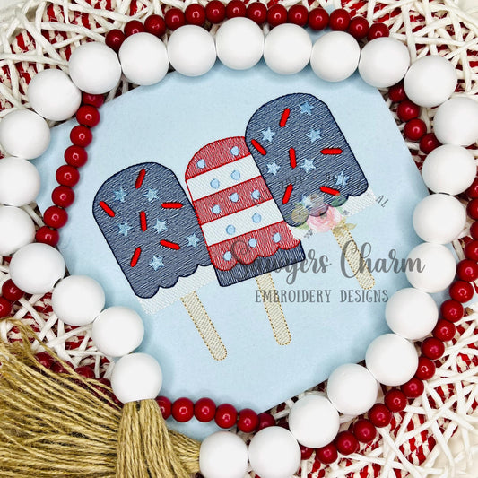 Patriotic popsicles trio with sprinkles sketch machine embroidery design, quick stitch, bean stitch, stars stripes, red white blue, July 4th