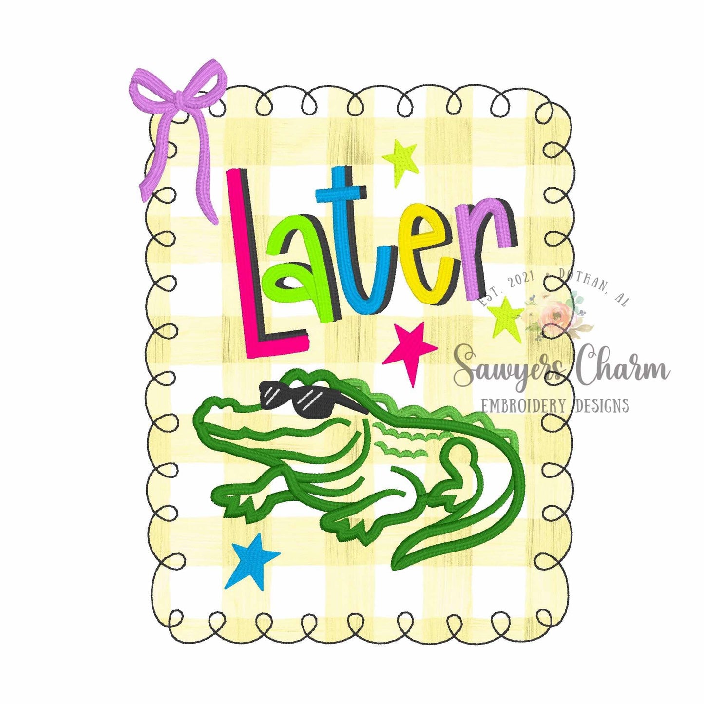 Later Gator bean stitch applique BUNDLE, machine embroidery design, with/without coquette bow, satin stitch star doodles
