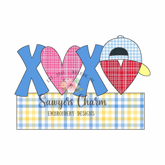 XOXO heart with ballcap/hat trio and name plate bean stitch applique, machine embroidery design, Valentine's Day love