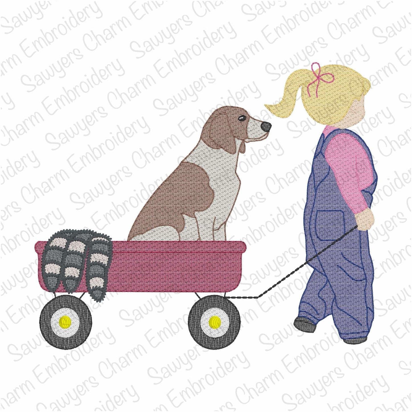 Little girl pulling wagon with coonhound dog sketch stitch machine embroidery design, coon hunting, outdoors