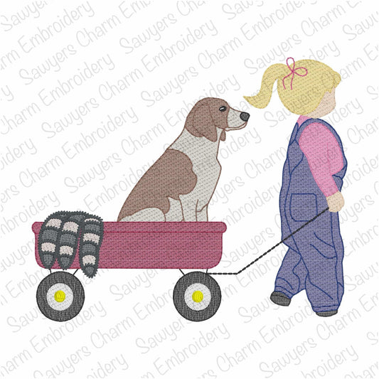 Little girl pulling wagon with coonhound dog sketch stitch machine embroidery design, coon hunting, outdoors