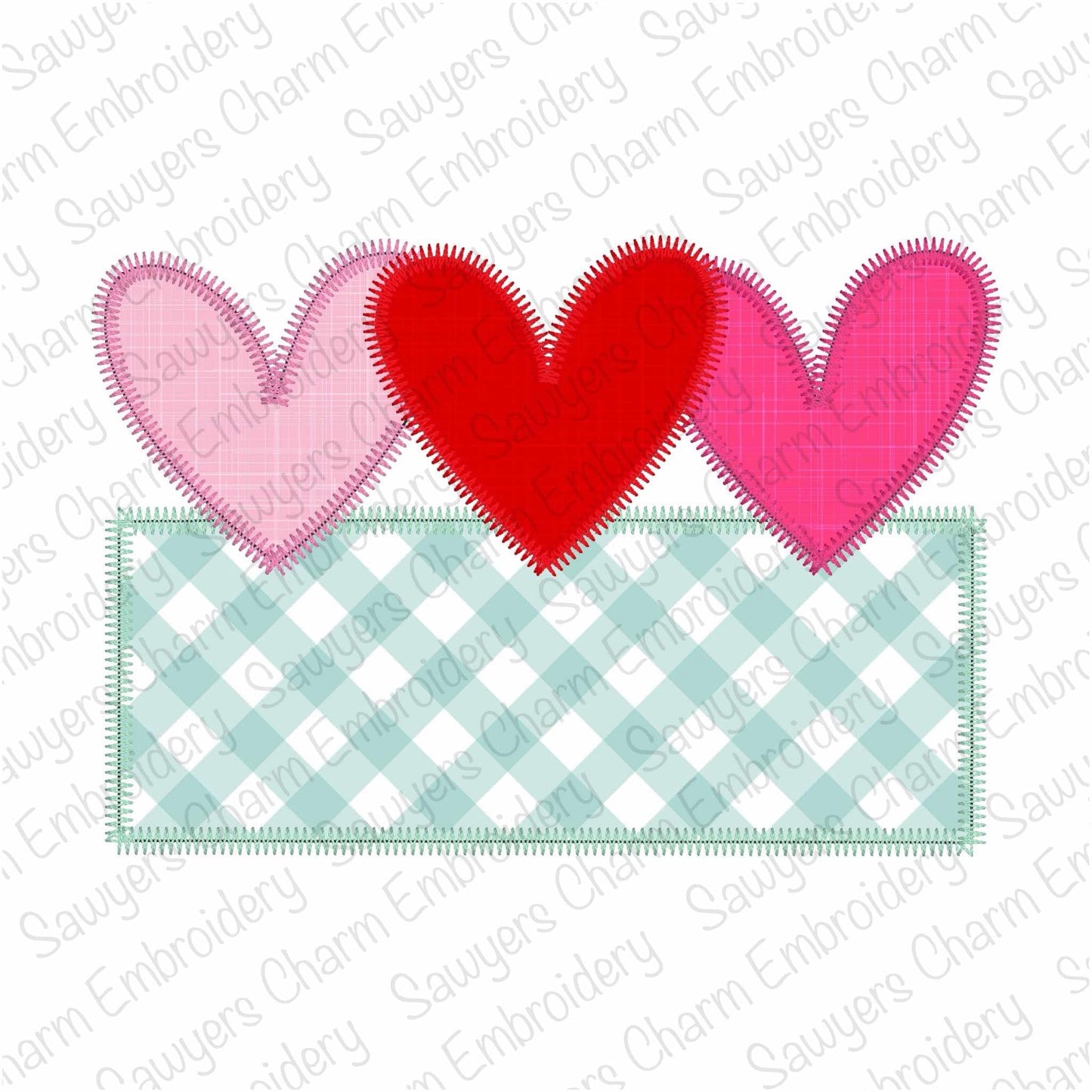 BUNDLE Heart trio with name plate zig zag & bean stitch applique, machine embroidery design, Valentine's Day love