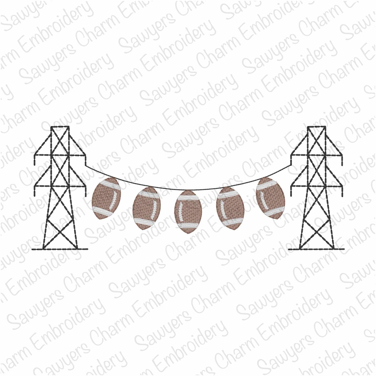 Transmission tower lineman footballs bunting banner, sketch stitch machine embroidery design, fall sports, power line