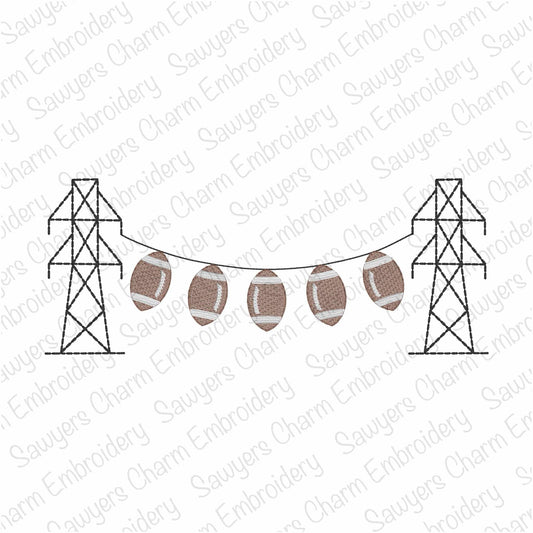 Transmission tower lineman footballs bunting banner, sketch stitch machine embroidery design, fall sports, power line