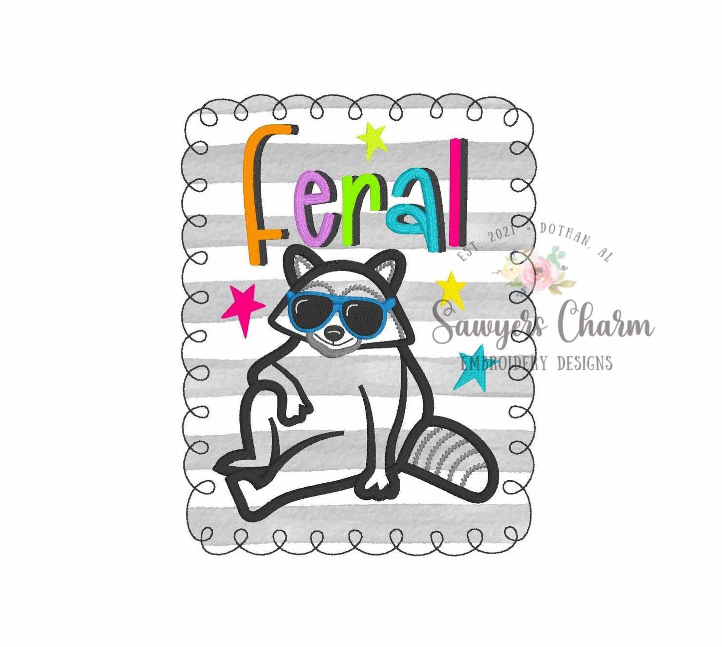 Feral Raccoon bean stitch applique BUNDLE, machine embroidery design, with/without coquette bow, satin stitch star doodles