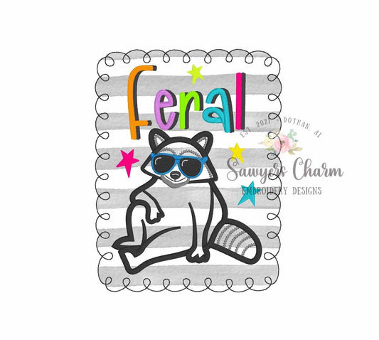 Feral Raccoon bean stitch applique BUNDLE, machine embroidery design, with/without coquette bow, satin stitch star doodles