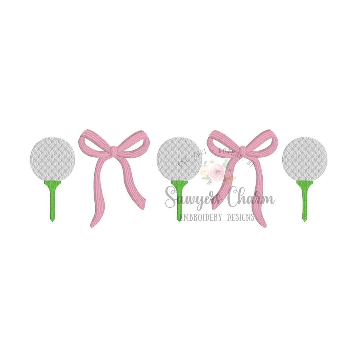 Trendy Coquette Bows & golf ball on tee fill stitch, machine embroidery design, Larger sizes included, perfect for sports fan/mom, cheer