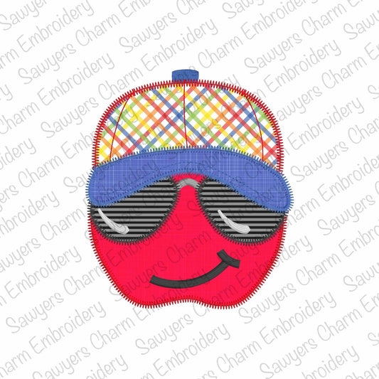 BUNDLE Apple with sunglasses and ballcap/hat zigzag & bean stitch applique, machine embroidery design, back to school, shades, quick stitch