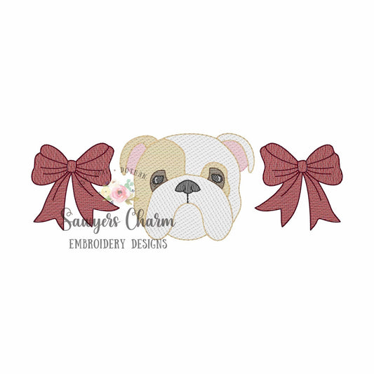 Coquette bows & two color bulldog trio, sketch stitch machine embroidery design, college university, football cheerleader, sports fan