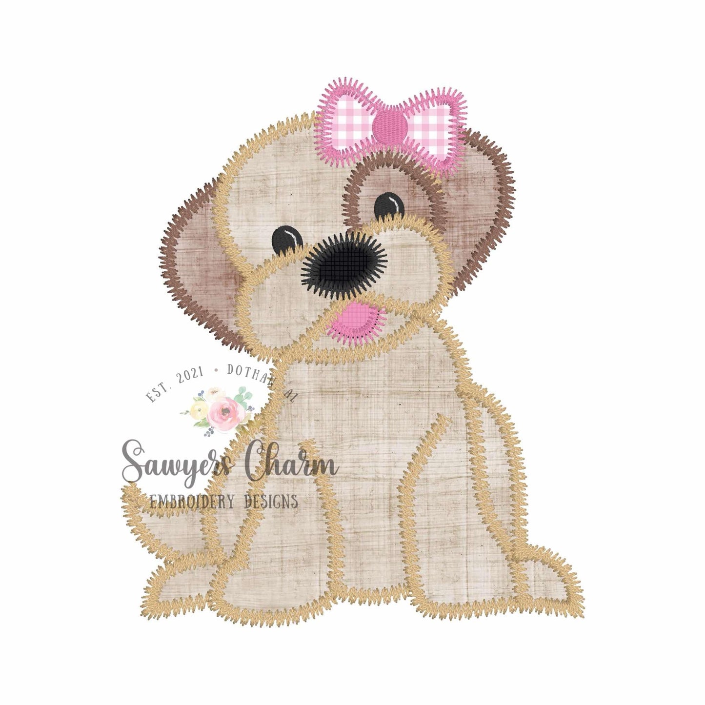 Puppy dog with coquette bow machine applique, embroidery design, Zigzag stitch