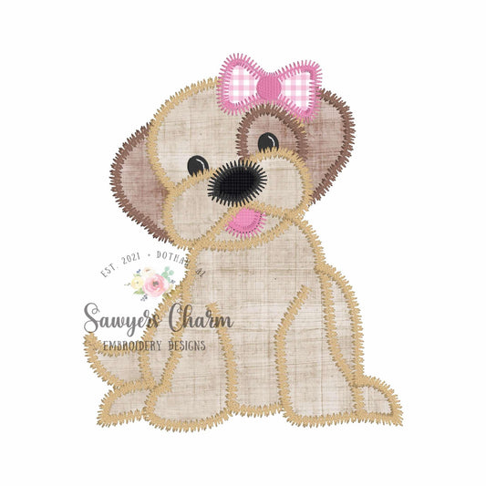 Puppy dog with coquette bow machine applique, embroidery design, Zigzag stitch