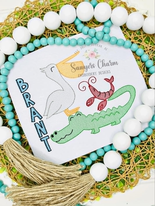 Stacked animals sketch stitch trio, machine embroidery design, alligator, crawfish, pelican, beach summer vacay