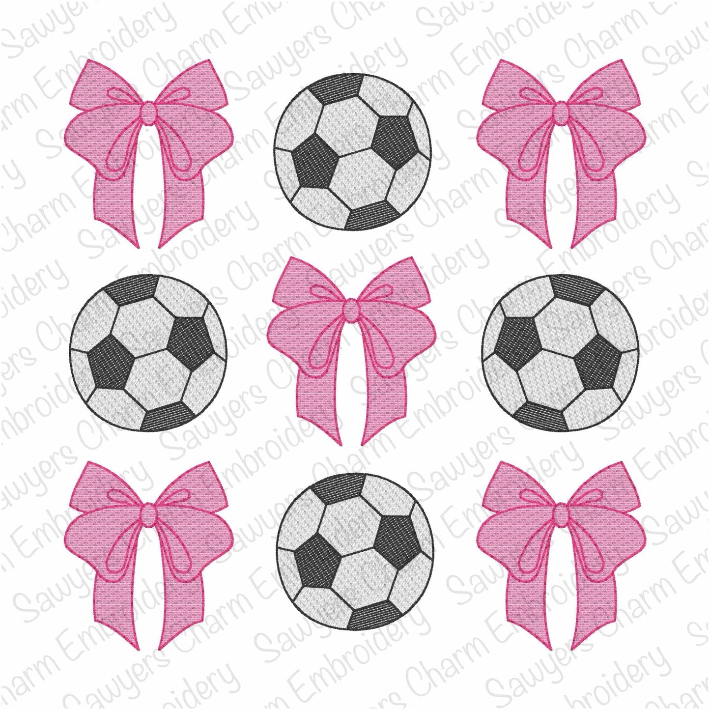 Coquette bows soccer balls grid, sketch stitch machine embroidery design, spring sports, large sizes included