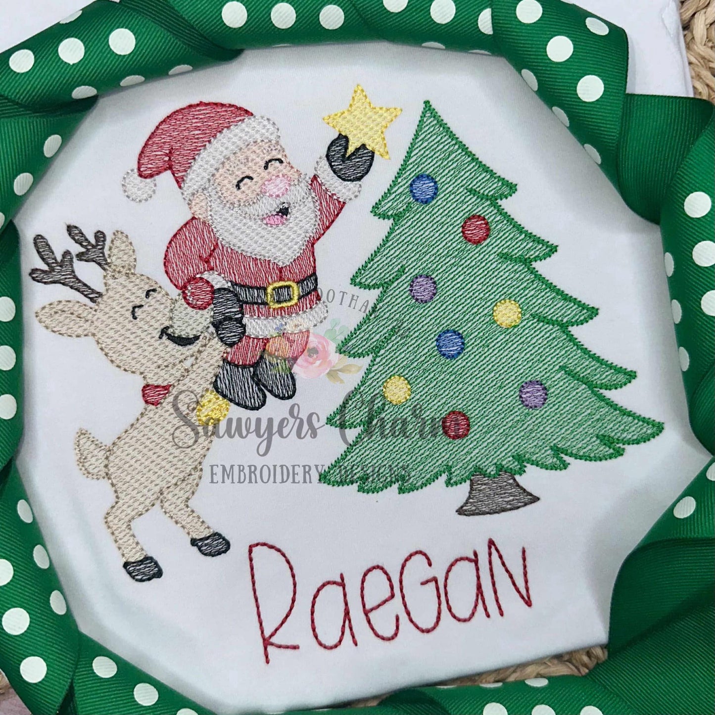 Rudolph helping Santa put star on Christmas tree sketch stitch machine embroidery design, happy holidays, Merry Christmas, ornaments