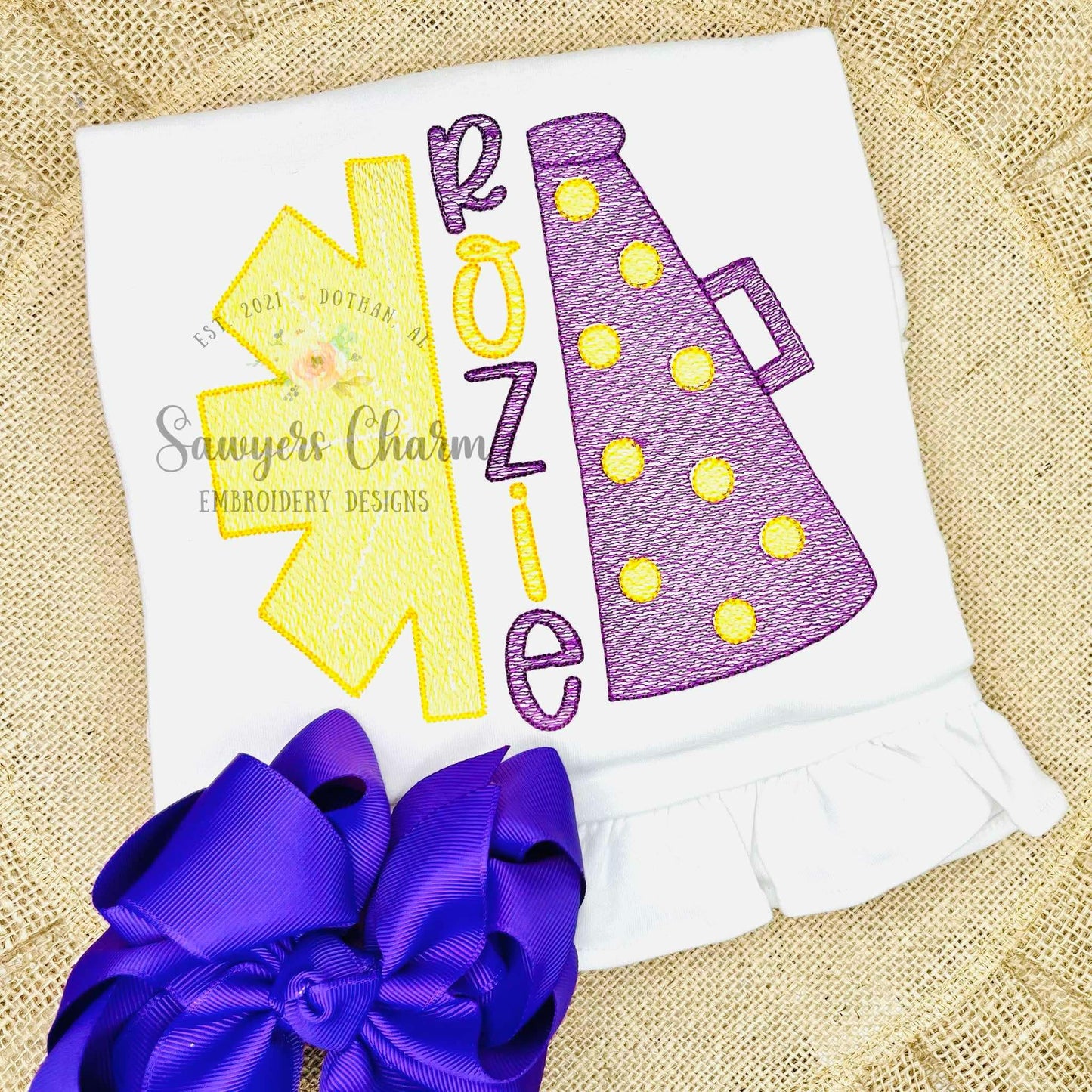 Split megaphone/pom pom with polka dots, light fill sketch stitch machine embroidery design file, football sports cheerleading, monogram