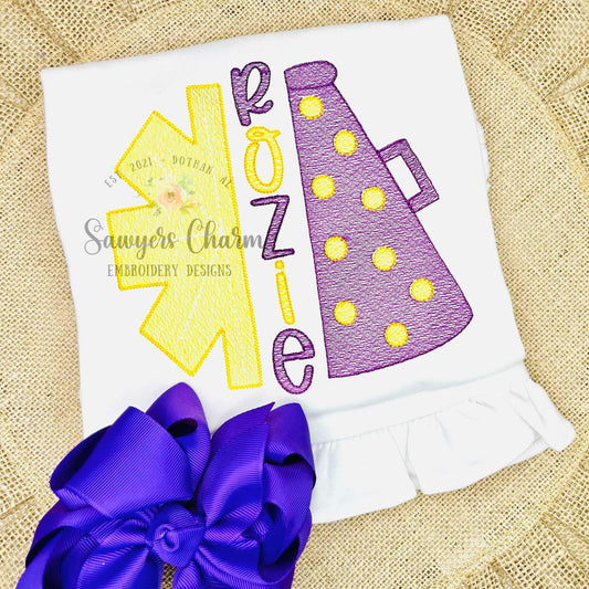 Split megaphone/pom pom with polka dots, light fill sketch stitch machine embroidery design file, football sports cheerleading, monogram