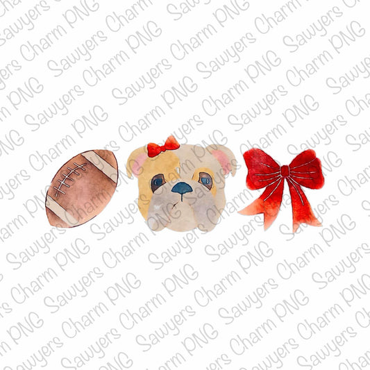 PNG watercolor Football sweet bulldog coquette bow trio Printable file/Sublimation/Heat Transfer Design/Digital Clipart, cheerleading fan
