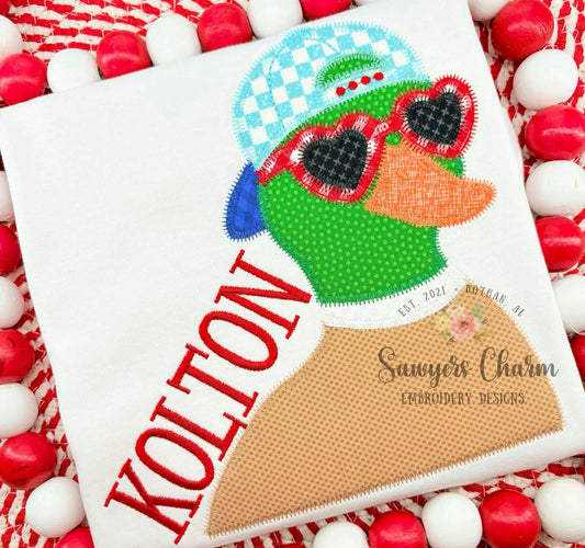 BUNDLE Valentine's Day Mallard duck with ball cap/hat and heart sunglasses bean & zig zag stitch machine applique embroidery design