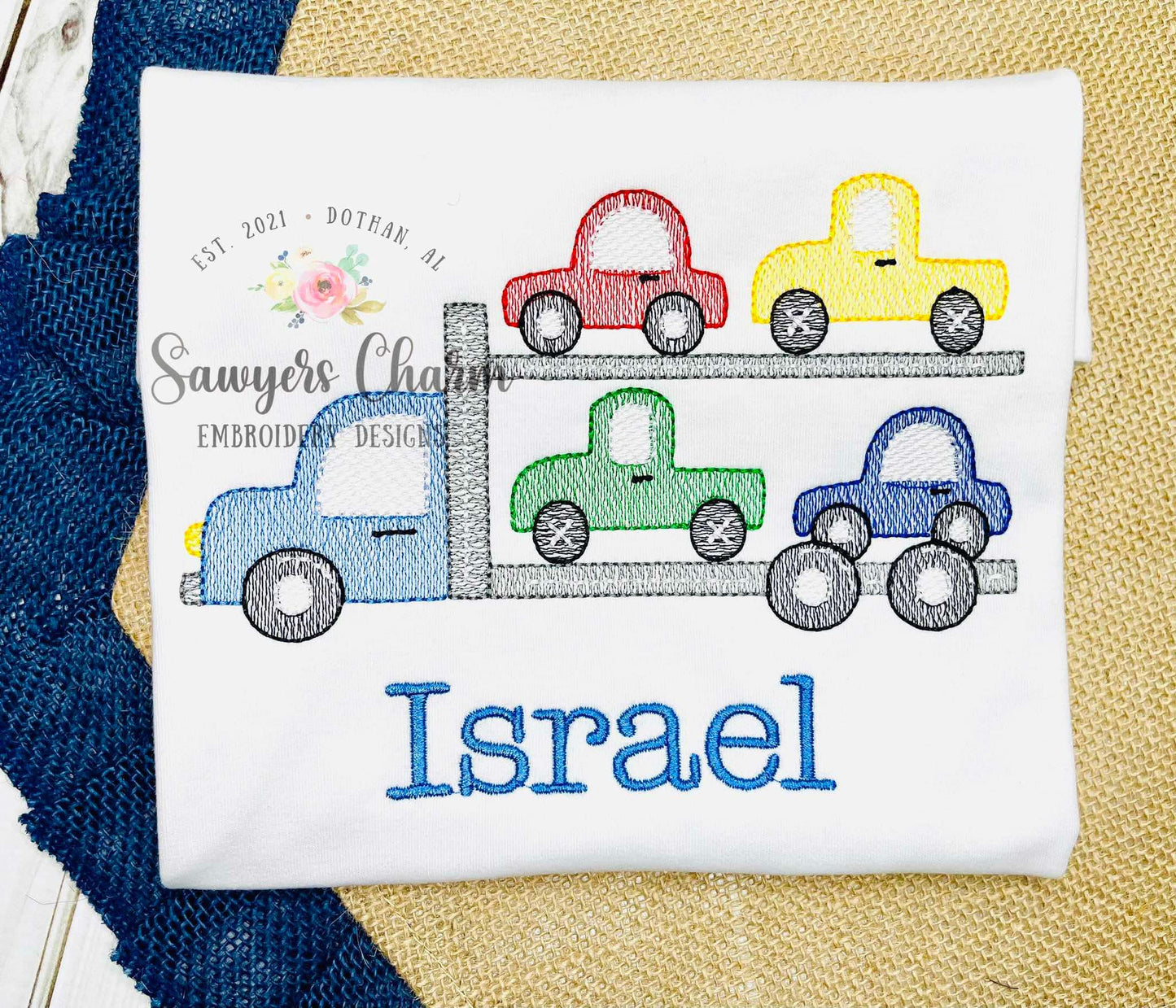 Car hauler sketch stitch machine embroidery design, tow truck transportation vehicle, semi big rig