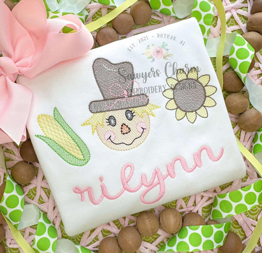Girl Scarecrow with bow on hat, corn, sunflower sketch stitch trio, machine embroidery design file, bean stitch details, fall, thanksgiving