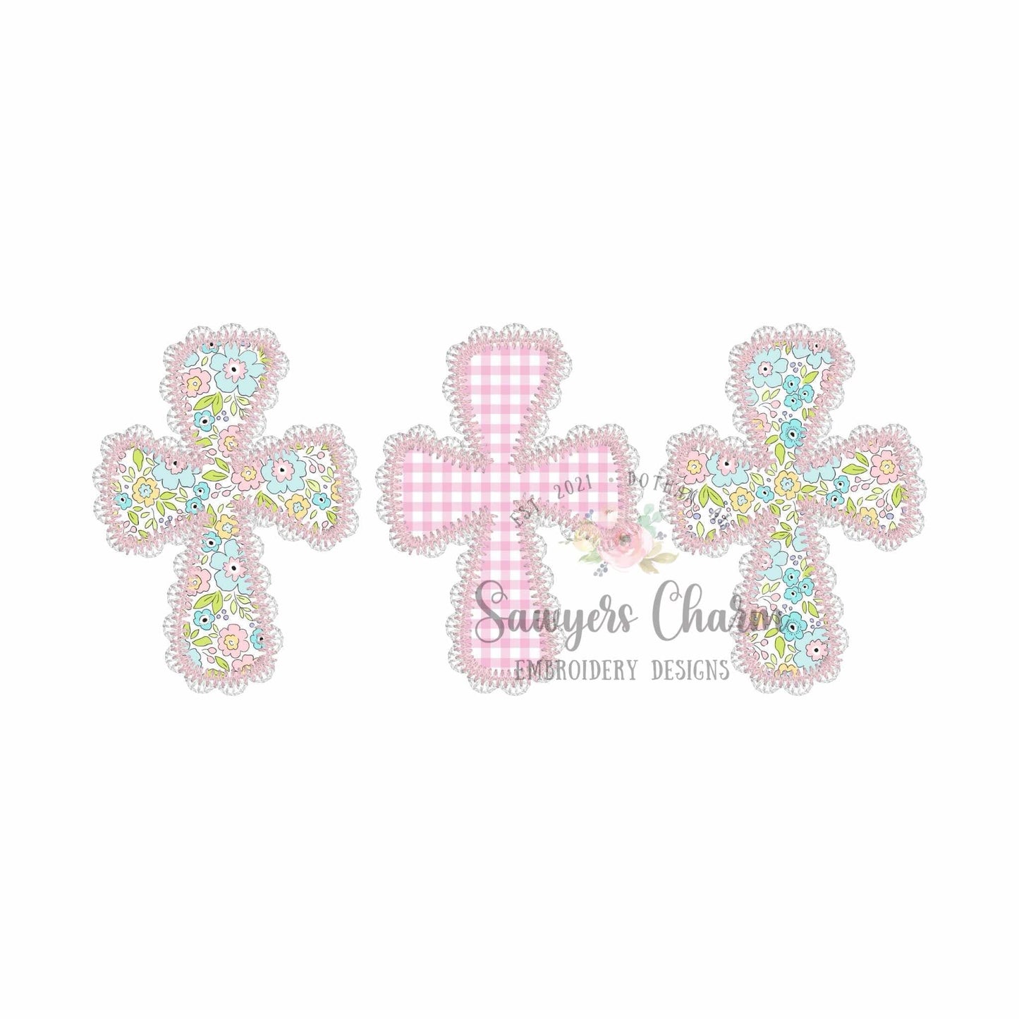 Lace cross trio machine applique embroidery design, Zig zag stitch, large sizes included, Easter Sunday