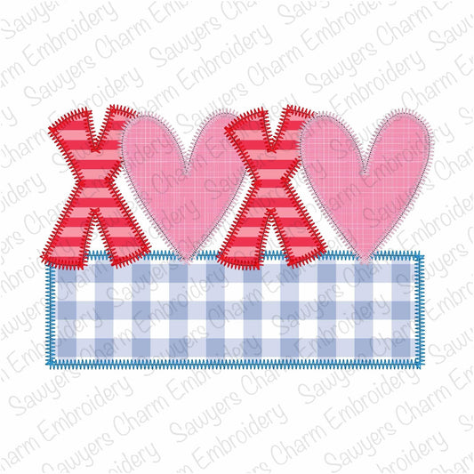 BUNDLE XOXO hearts with name plate zig zag & bean stitch applique, machine embroidery design, Valentine's Day love