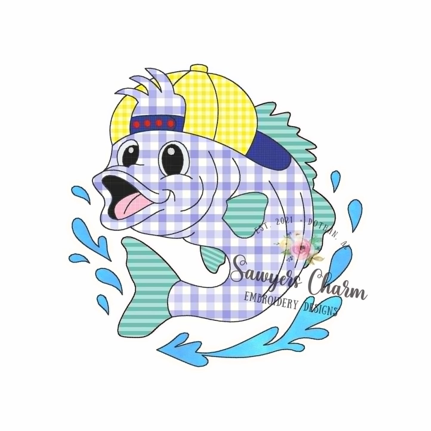 Bass fish bean stitch applique, embroidery design, ballcap/hat, summer fishing, lots of sizes included