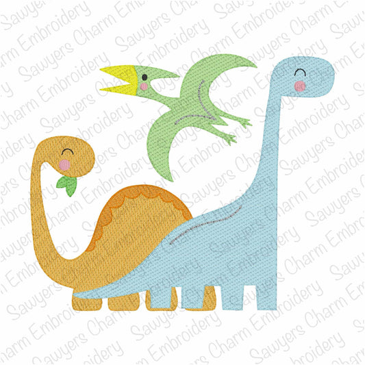 Dinosaur trio sketch stitch embroidery design file, quick stitch, pterodactyl, long neck dino