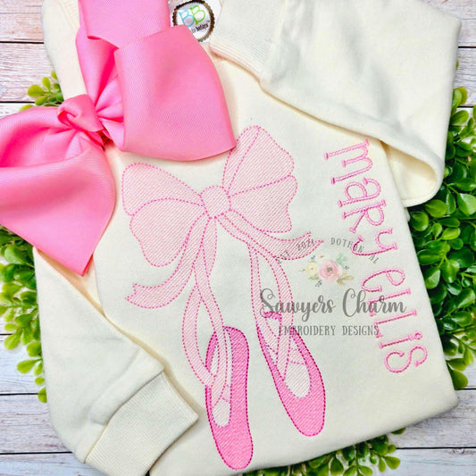 Ballet slippers with bow sketch stitch machine embroidery design, quick stitch, coquette, ballerina pointe shoes, dance, ribbons