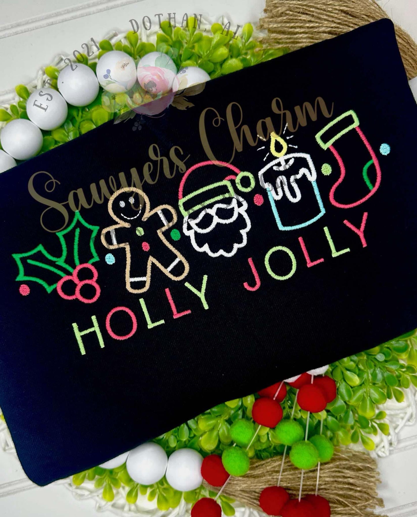 Holly Jolly Doodles Christmas satin stitch machine embroidery design file, Holly berries, gingerbread, Santa Claus, candle, stocking