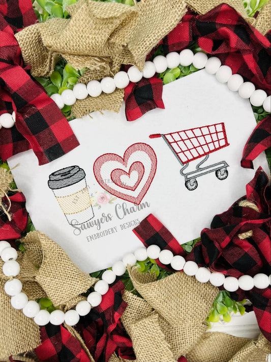 Coffee cup to go, heart bullseye, shopping cart buggy trio, sketch stitch machine embroidery design, mom life