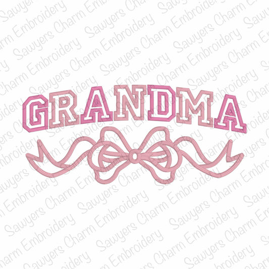 Grandma with coquette bow satin stitch machine embroidery design file, Mother's Day, love, Valentine's Day, athletic style letters