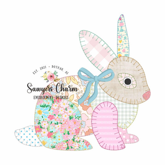BUNDLE Patchwork bunny rabbit blanket stitch machine applique embroidery design, with/without coquette bow, Vintage Easter