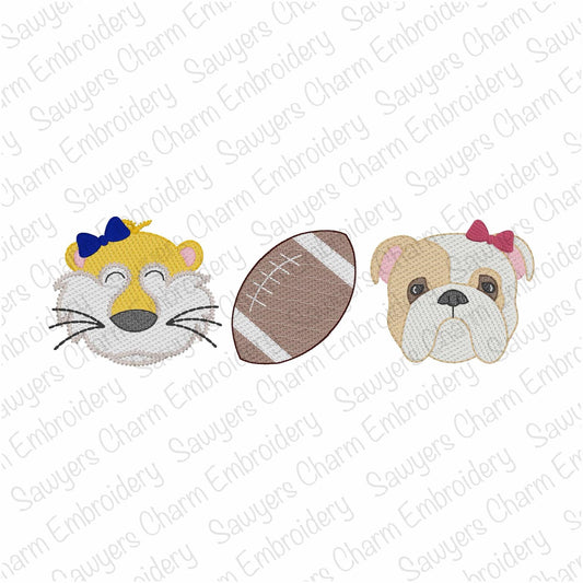 BUNDLE Tiger & bulldog mascot with football trio, sketch stitch machine embroidery design, fall sports, quick stitch, college, house divided