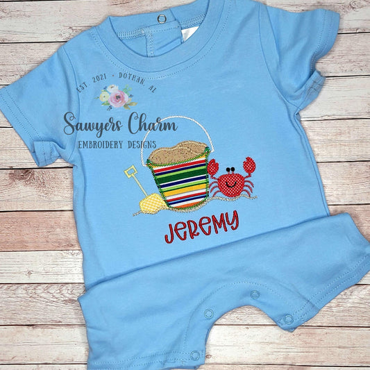 BUNDLE Beach sand pail/bucket & shovel with crab zigzag and satin stitch machine embroidery design file, sand, ocean, water, vacation, sun