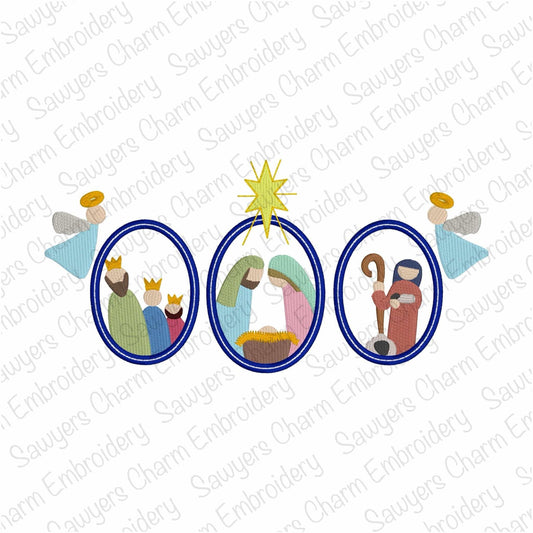 Nativity scene with angels & bethlehem star oval frame trio, fill stitch machine embroidery design, holidays, Christmas, Baby Jesus, wisemen