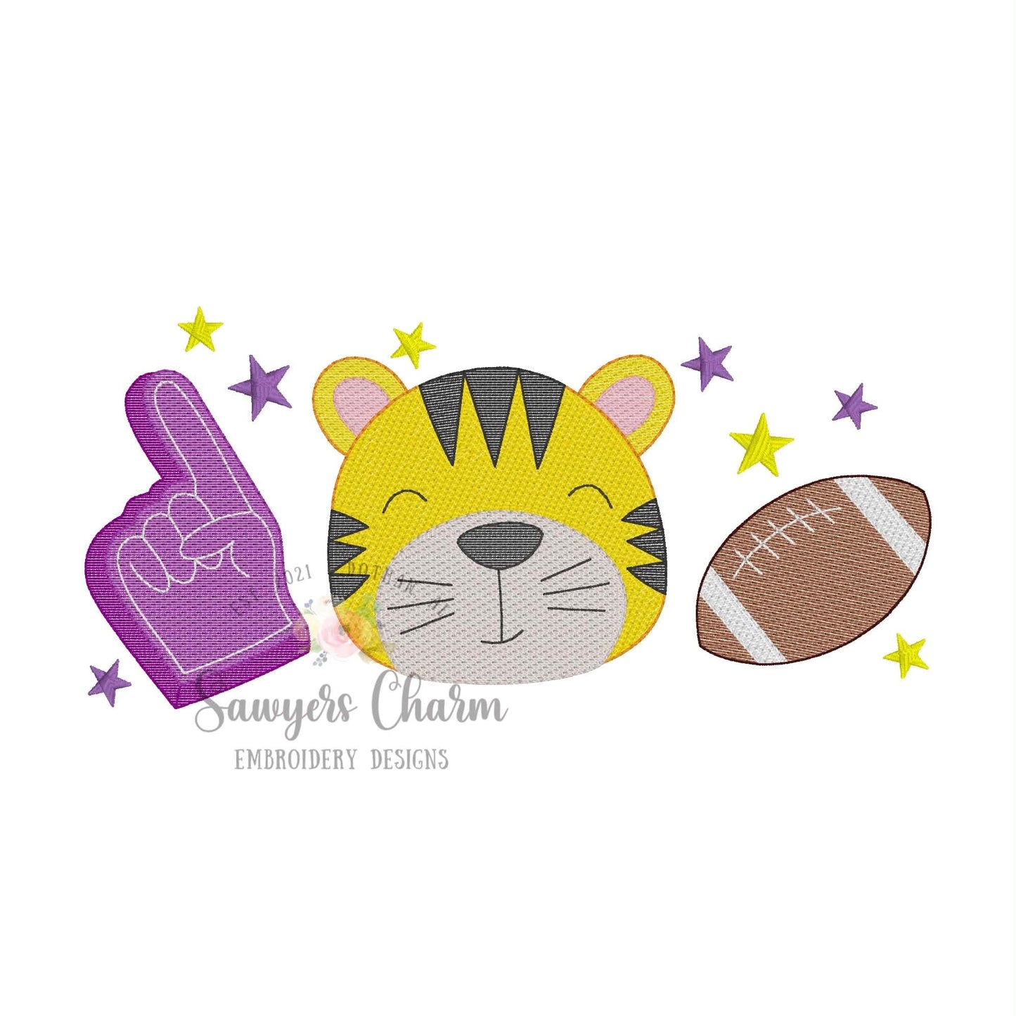 Tiger, foam finger, football trio, sketch stitch embroidery design BUNDLE, with/without bow, fall sports mascot with stars