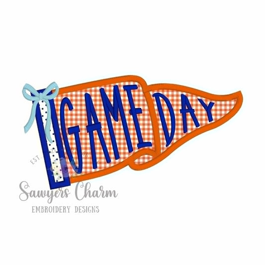 Game Day Pennant satin stitch applique, with coquette bow, ITH project, baseball, football, cheerleading, sports
