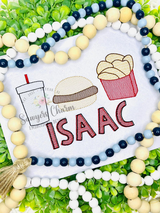 Chicken sandwich, waffle fries, drink sketch stitch trio, machine embroidery design, Fast Food