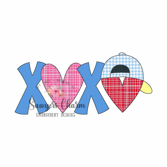 BUNDLE XOXO heart with ballcap/hat trio bean & zig zag stitch applique, machine embroidery design, Valentine's Day love
