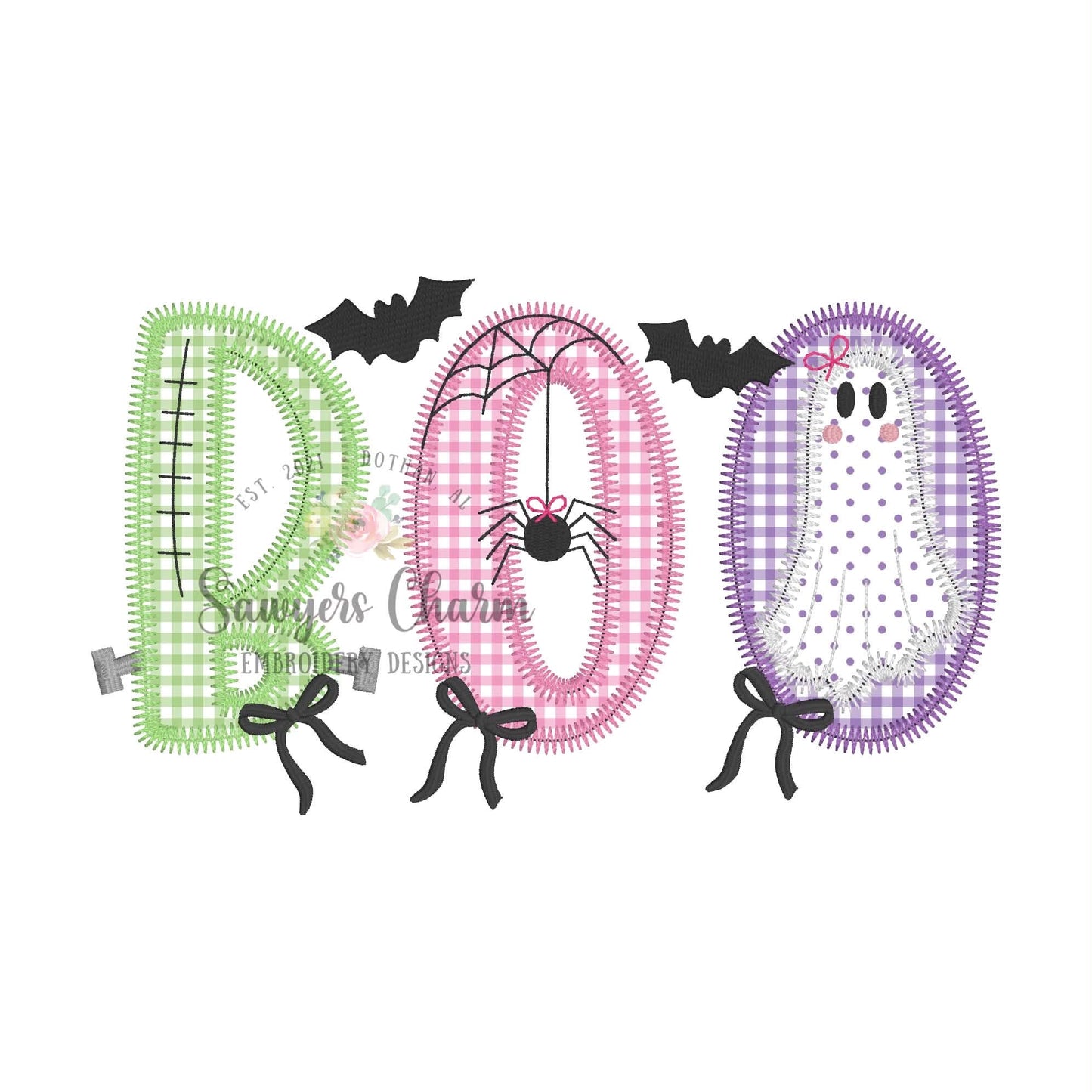 BOO Halloween applique design, zig zag stitch embroidery design BUNDLE, with/without bow, spiderweb, ghost, and Frankenstein