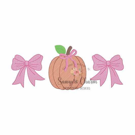 Coquette bows and pumpkin sketch stitch trio, machine embroidery design file, Fall/Thanksgiving season, quick stitch, pumpkin patch